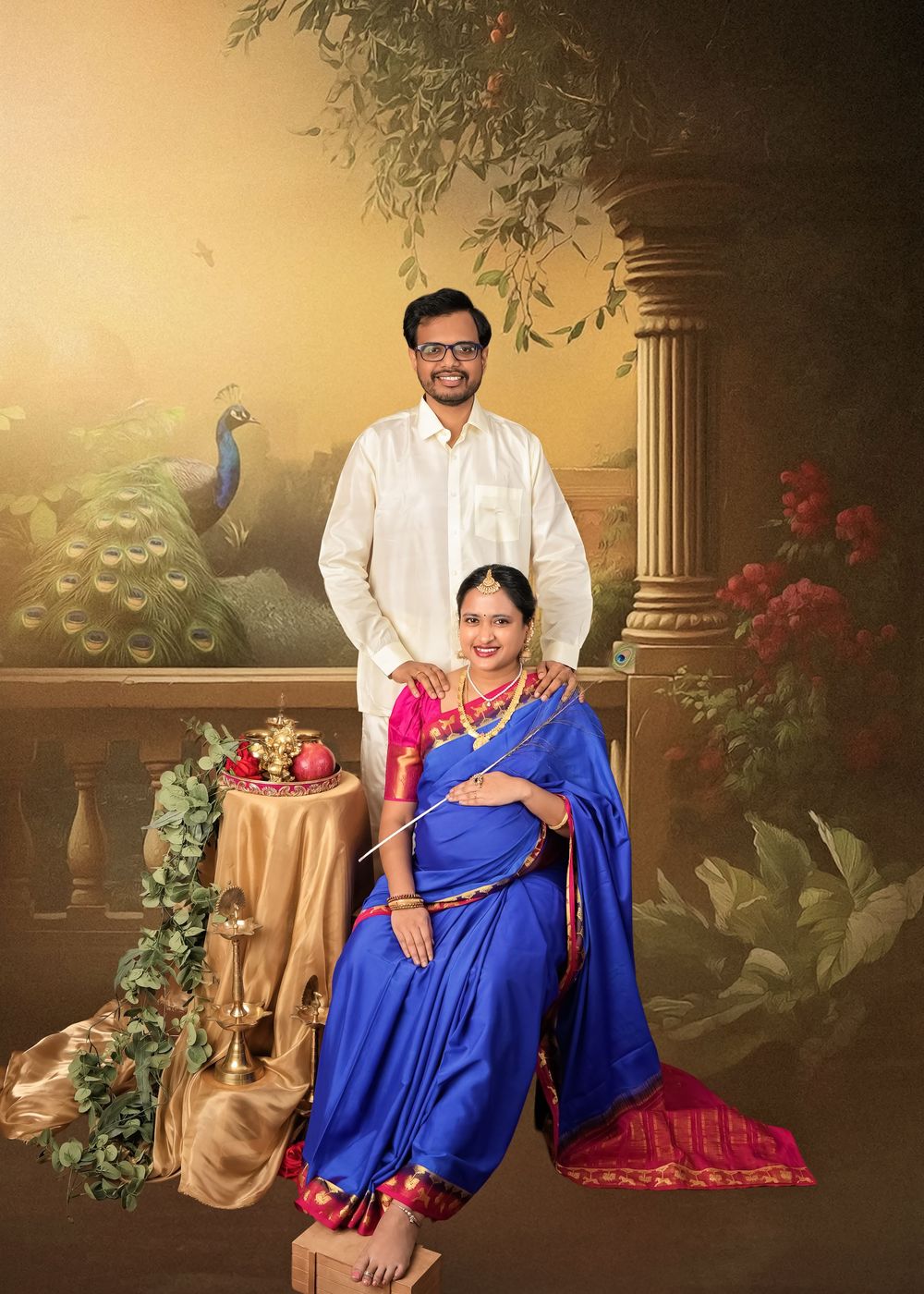 Couple poses in formal Indian wear against painted garden backdrop with peacock.