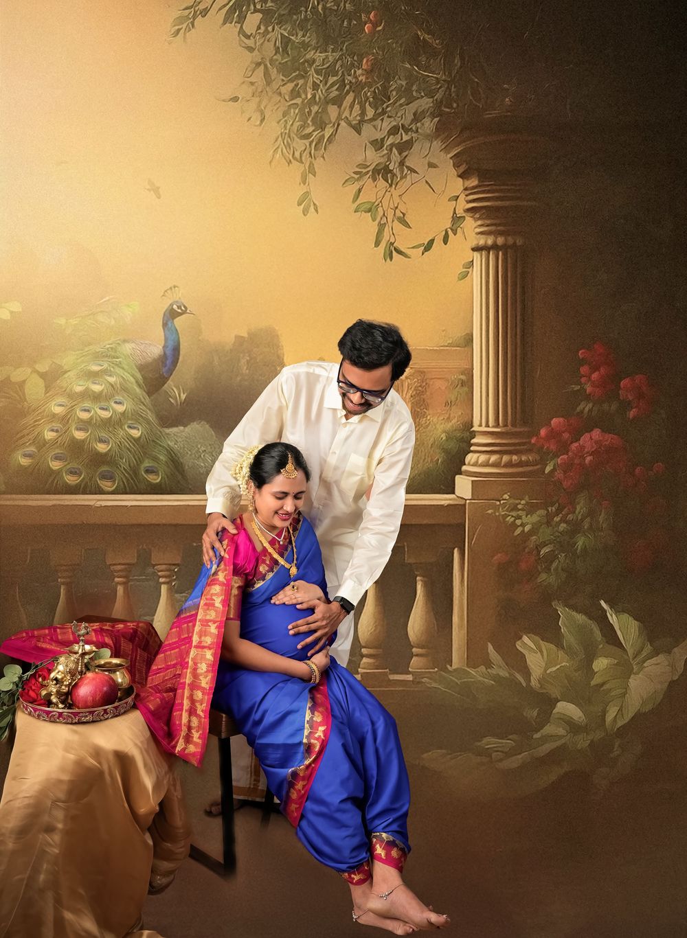Couple poses in traditional attire against painted garden backdrop with decorative elements.