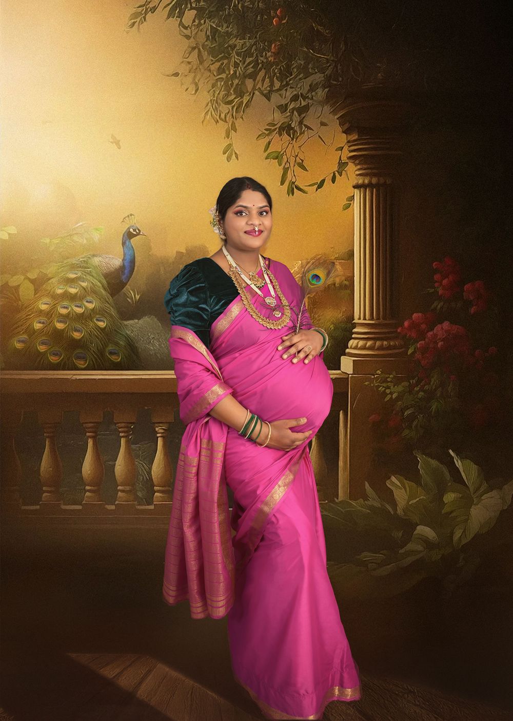 Maternity portrait in pink saree with peacock and floral garden backdrop.