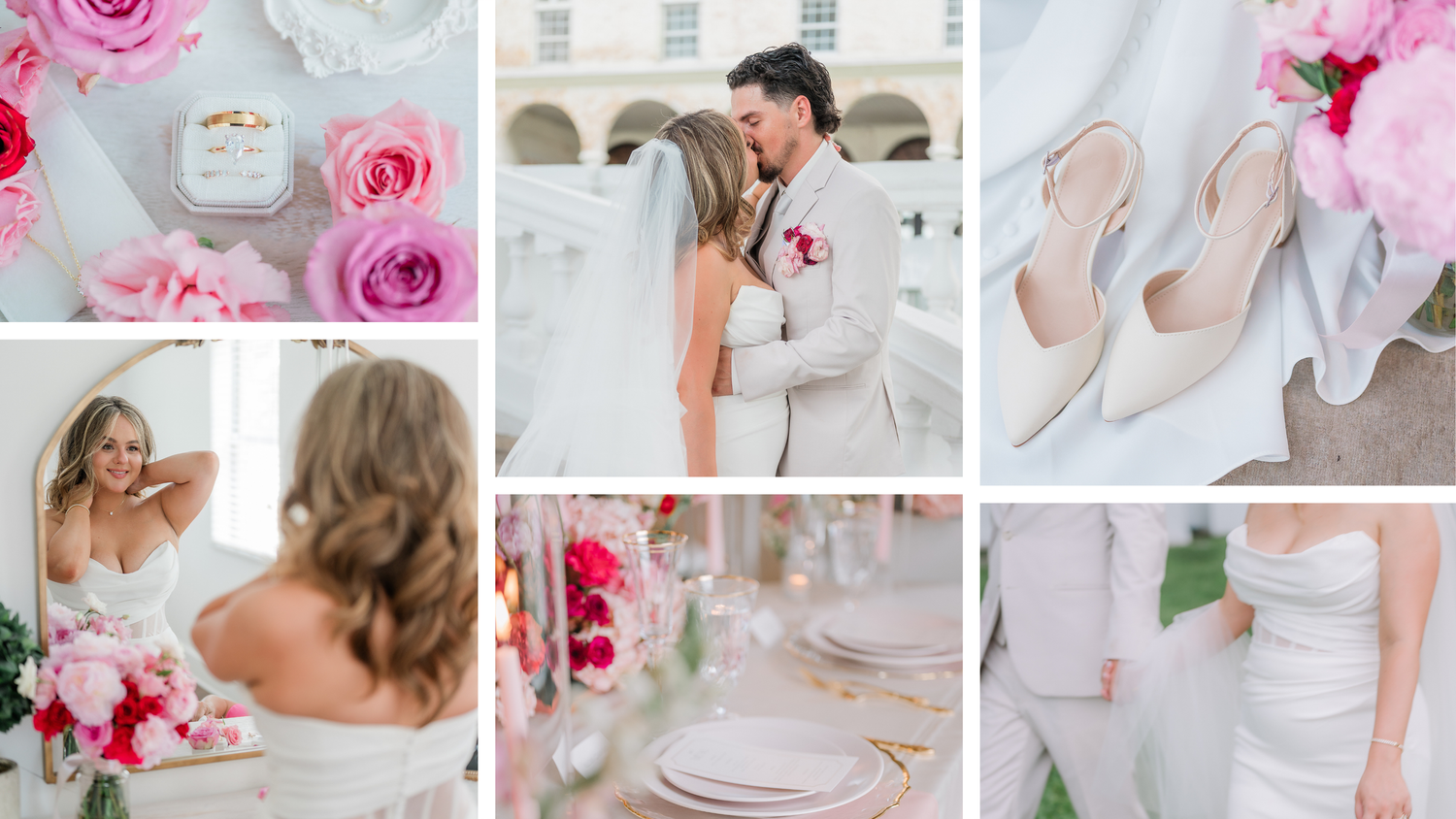 Wedding photo collage with pink roses and romantic moments arranged in a grid layout.