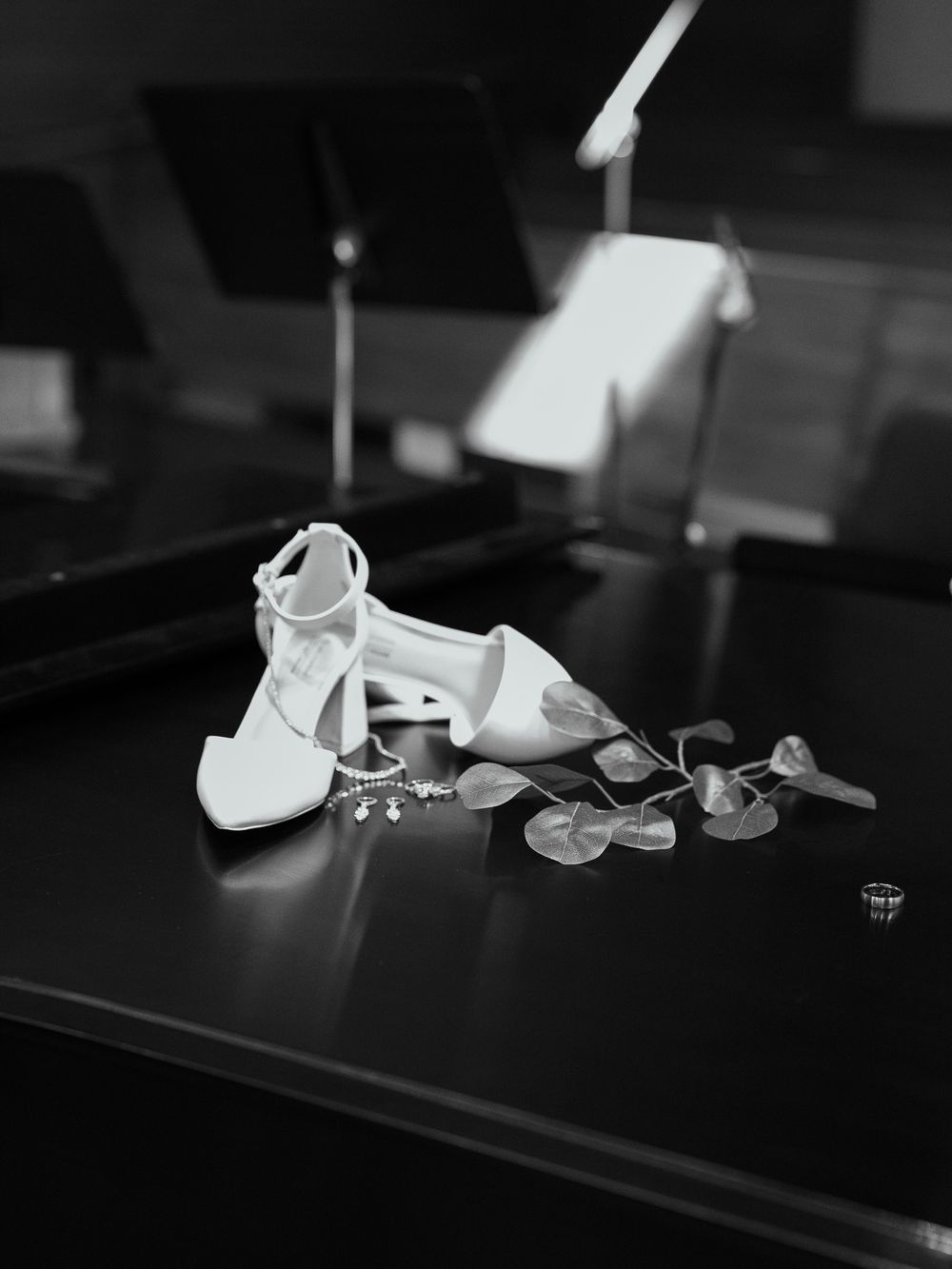 Elegant white bridal heels with coins and a decorative branch displayed in black and white photography on a dark surface.