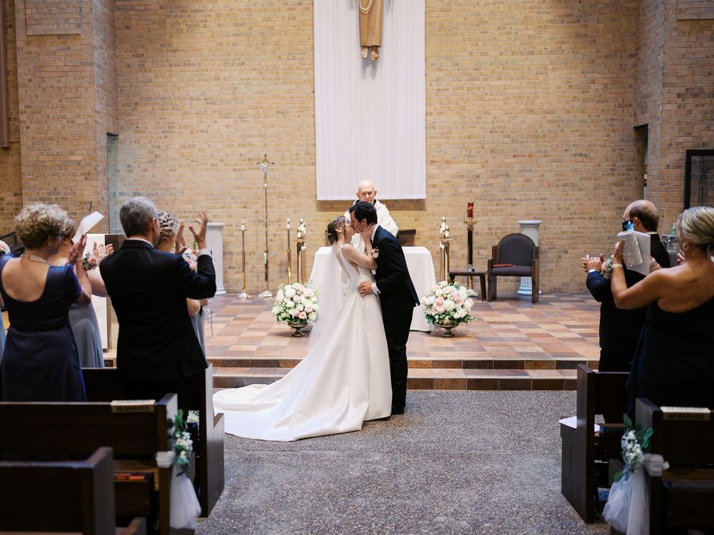 A sequence of wedding ceremony moments shown in a series of connected photos across a church venue.
