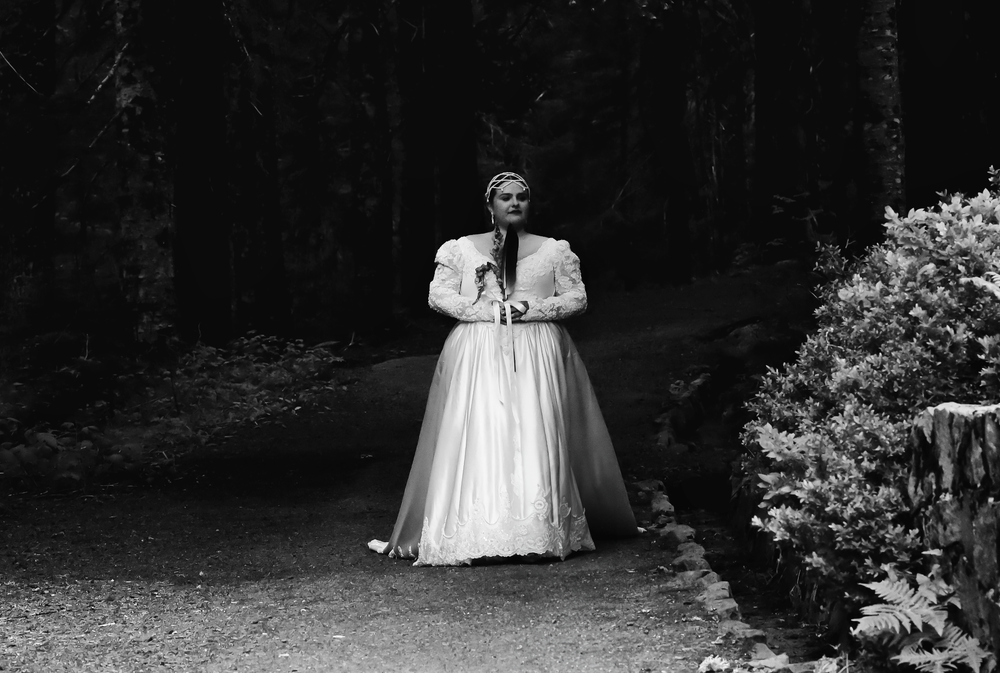 A sequence of romantic wedding photos captured in a forested outdoor setting at dusk.