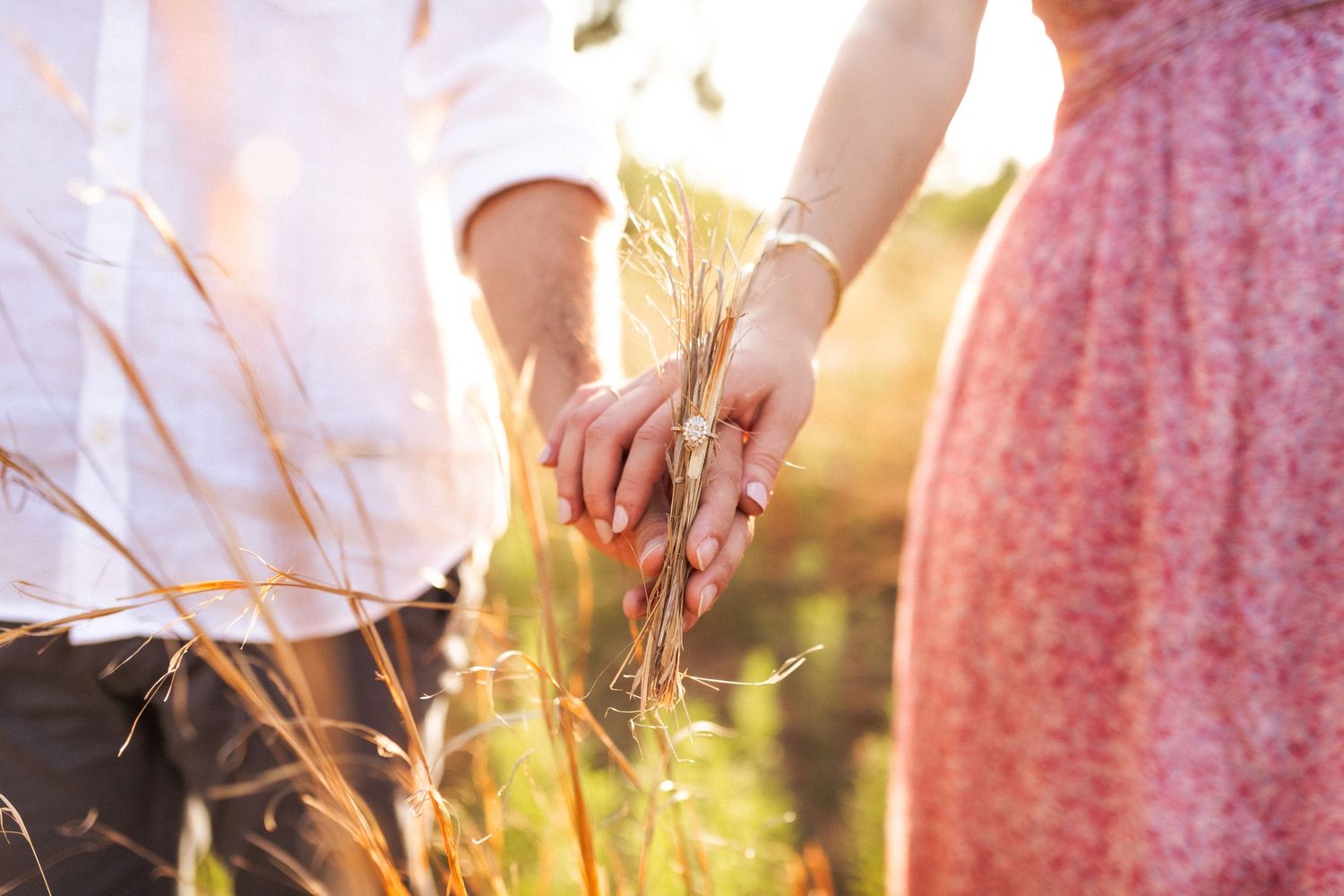 A close-up view of someone's hand gently touching tall grass stalks in warm golden sunlight during sunset.