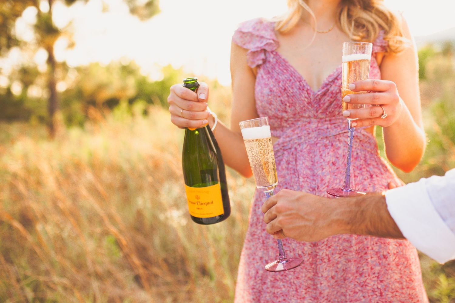 Person in pink dress holds champagne bottle while another hand offers a champagne glass at golden sunset in field.