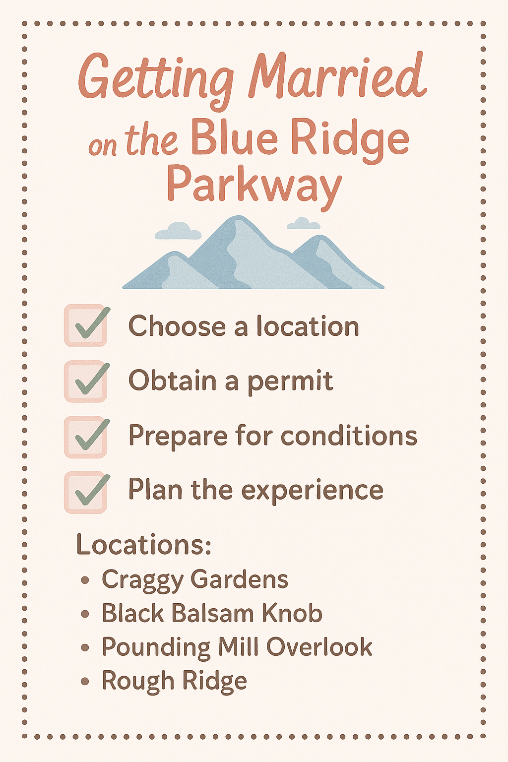 Minimalist infographic showing steps and locations for getting married on the Blue Ridge Parkway with mountain icon.