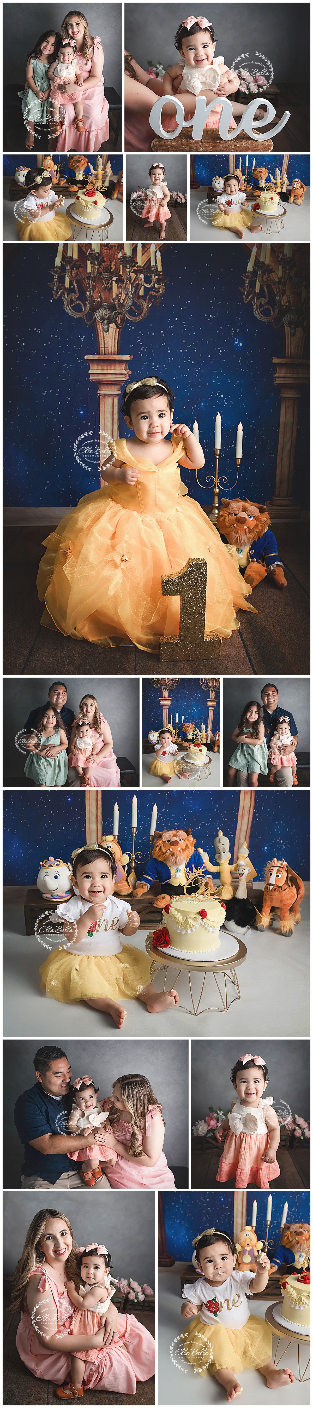Disney Beauty and the Beast themed first birthday photoshoot with cake, candelabras and plush character toys against starry backdrop.