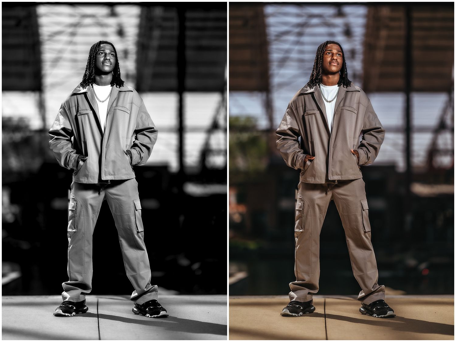 A series of fashion shots on a runway showing models wearing oversized neutral-toned outerwear and wide-leg pants.