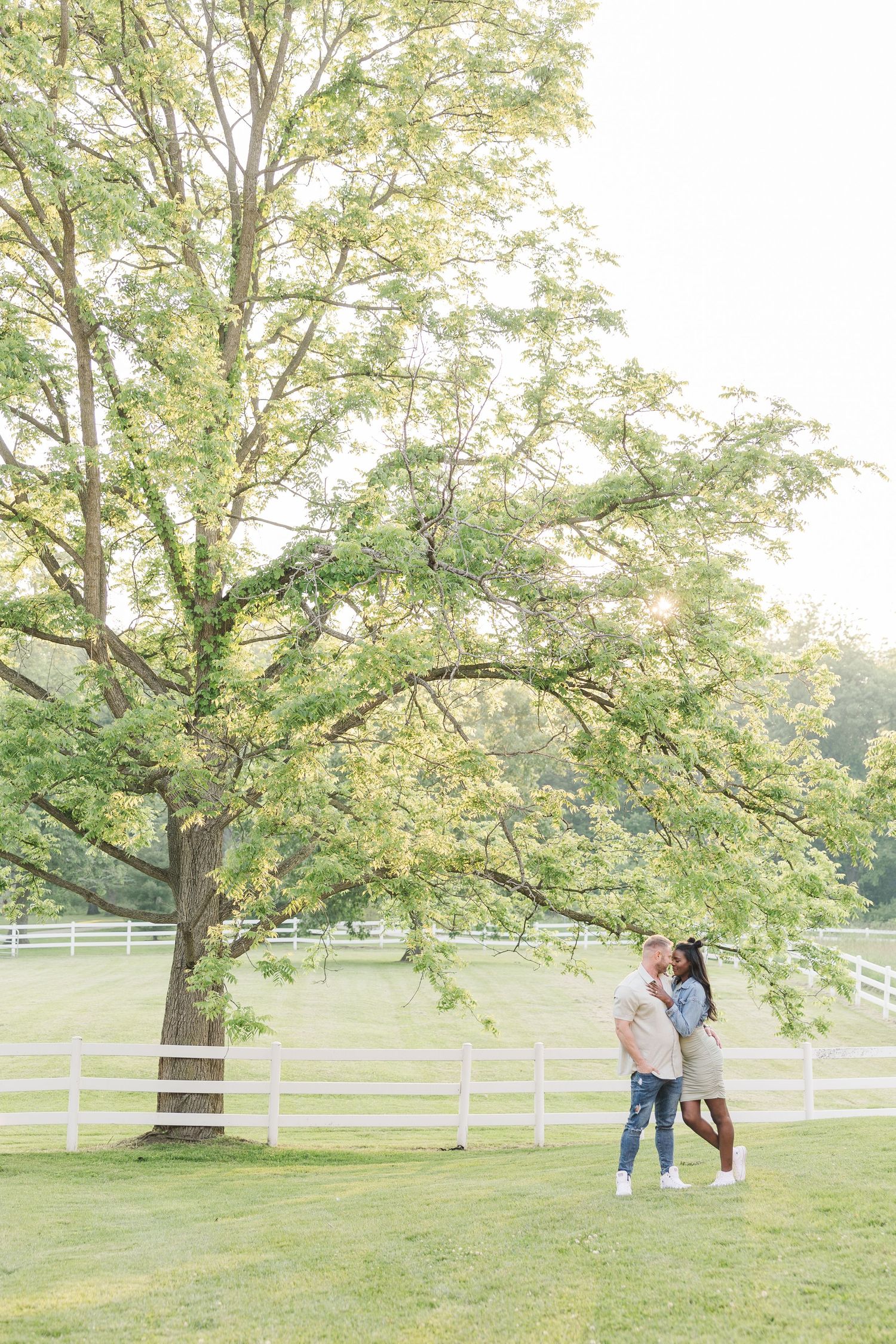 Couple shares tender moment under large tree by white fence on grassy summer grounds at sunset.
