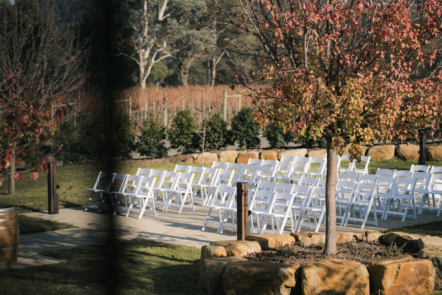 White folding chairs arranged in rows for an outdoor wedding ceremony among autumn trees.