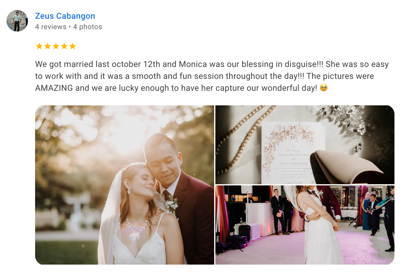 Wedding photography review with sample photos showing ceremony and couple portraits.