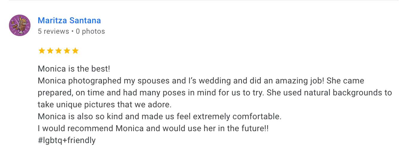 Five star review praising wedding photographer Monica for amazing service and professionalism.