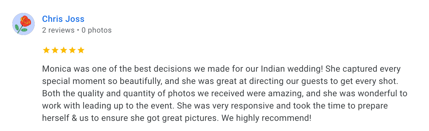 Glowing customer review highlighting quality of Indian wedding photography services.