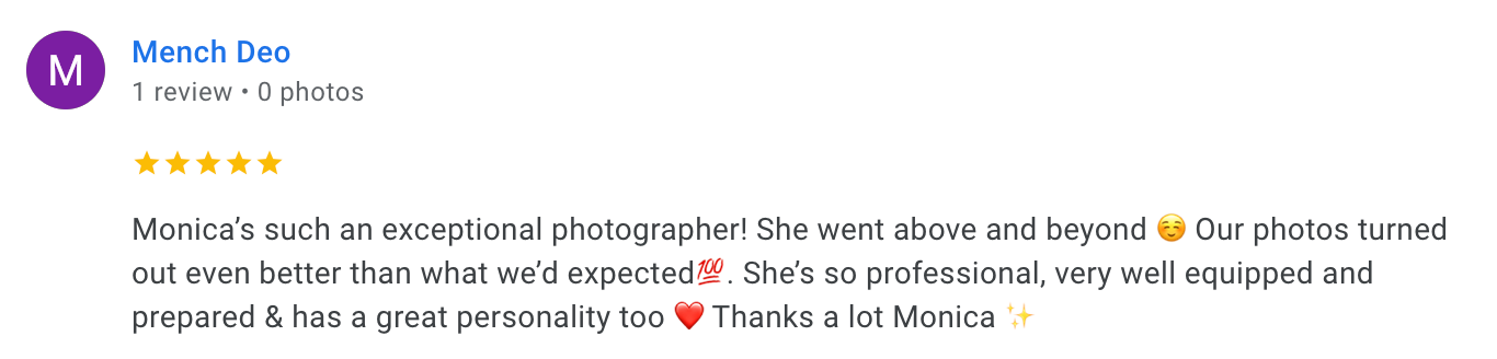 Positive review commending photographer's exceptional service and personality.