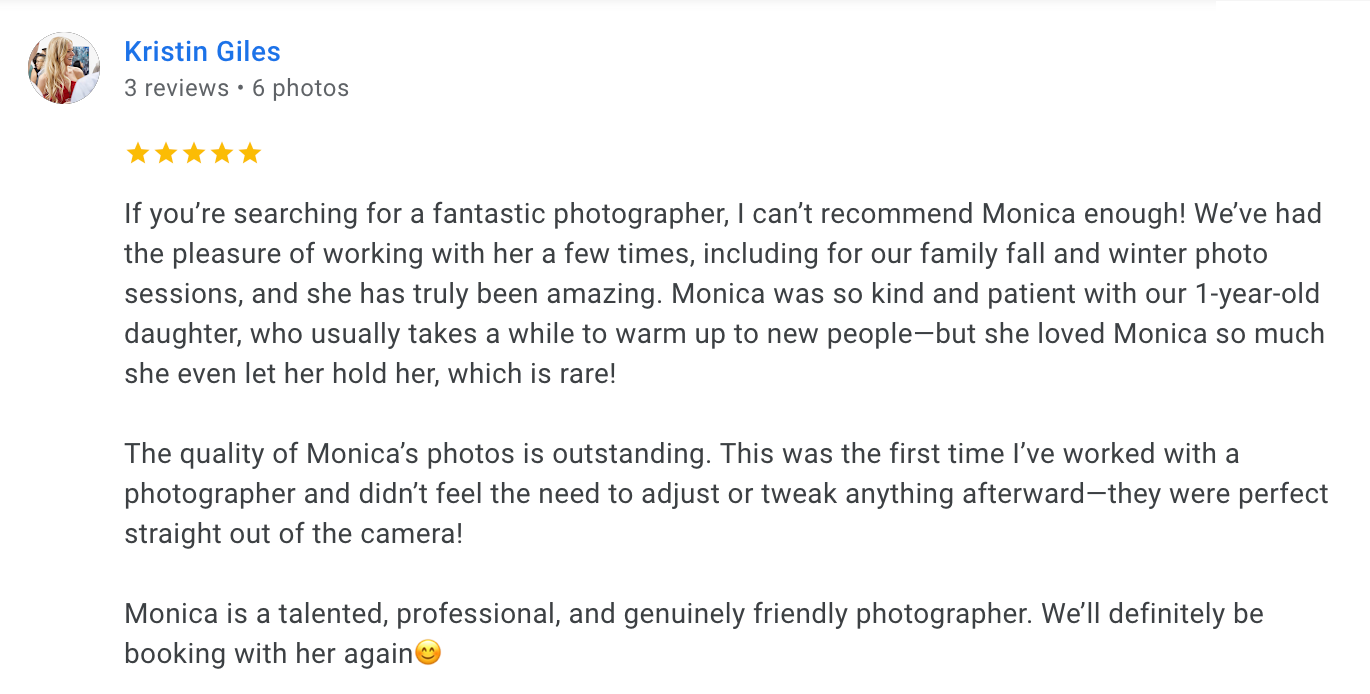Detailed customer testimonial praising photographer's work with children and professional approach.