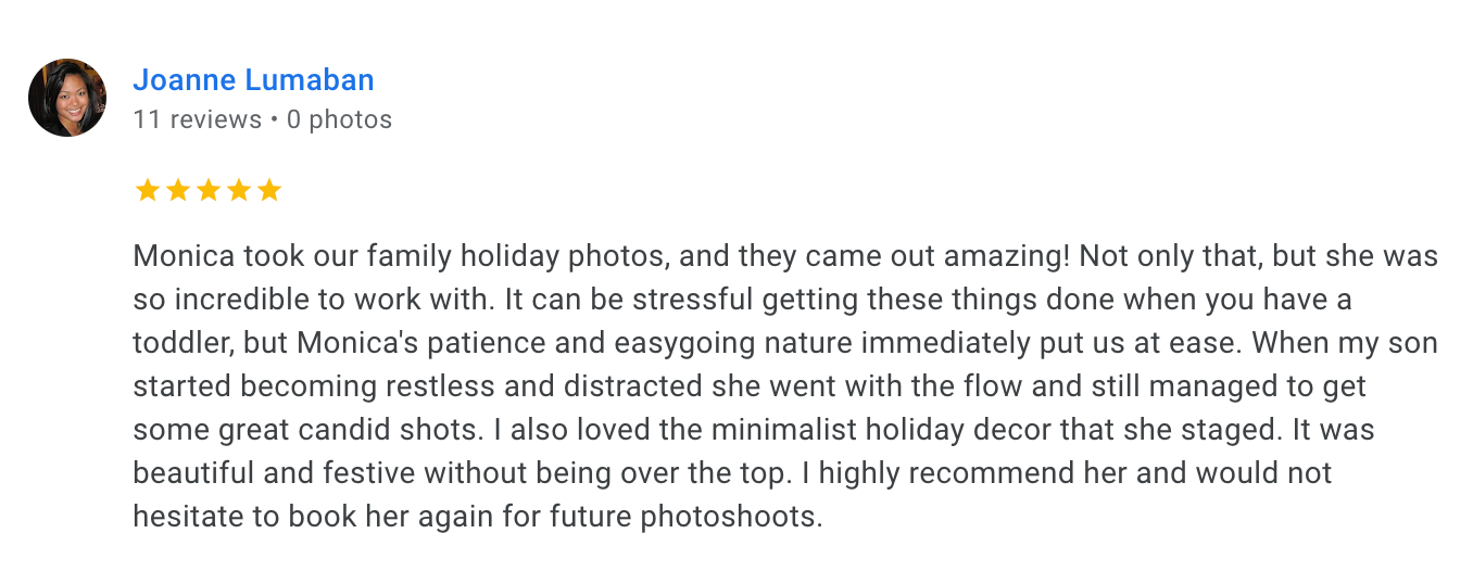 Client review describing positive experience with family holiday photo session.
