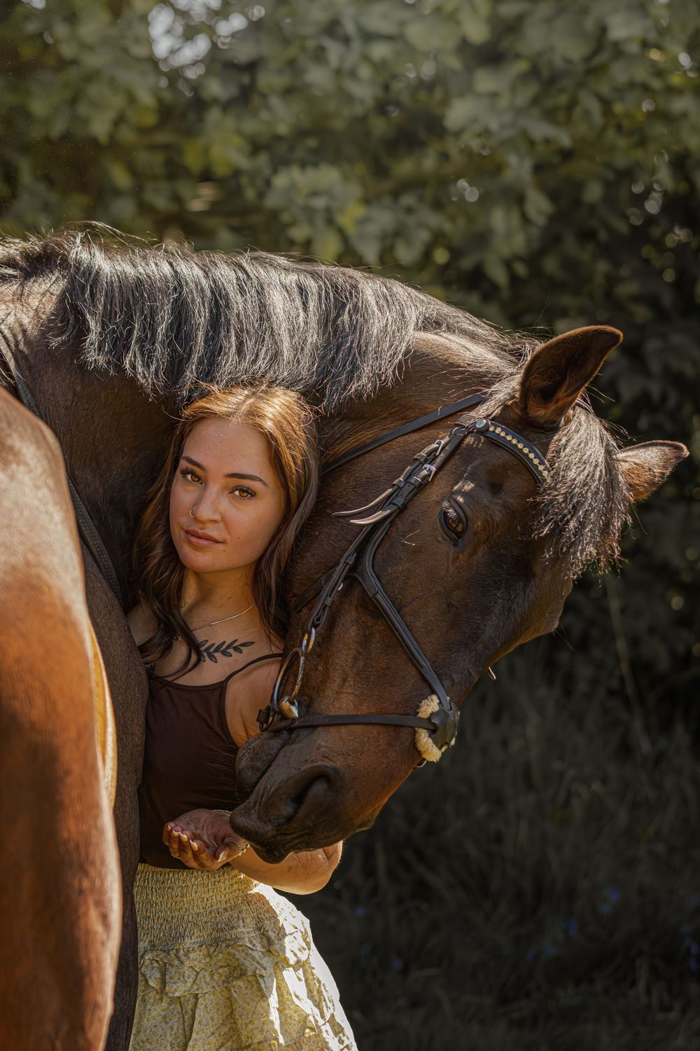 A brown horse and someone in a light dress pose together for an intimate portrait outdoors.