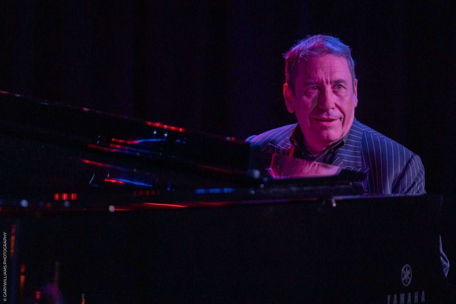 A performer plays piano on stage bathed in dramatic purple and red stage lighting during a nighttime concert performance.