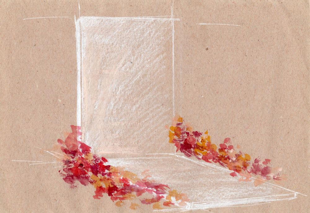 Abstract painting on brown paper depicting white geometric shapes adorned with scattered pink and orange floral elements.