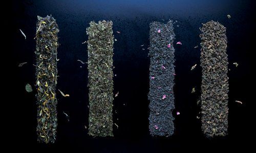 Four columns of soil samples showing different compositions against black background.