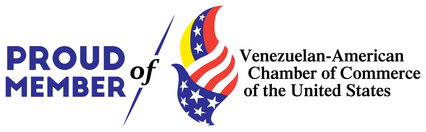 Logo of Venezuelan-American Chamber of Commerce showing U.S. and Venezuelan flag elements in red, white and blue design.