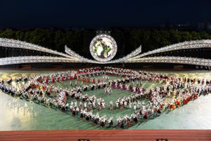 Stadium field filled with performers creating intricate circular patterns during a nighttime show.
