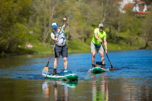 Two paddleboarders navigating a calm river on sunny day surrounded by green trees.