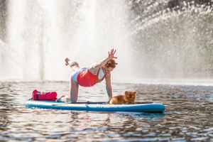 Person doing yoga on a paddleboard with water fountain spray in the background.