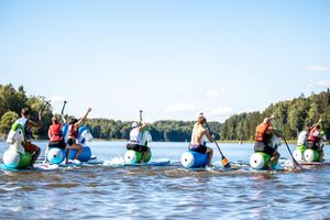 Row of paddleboarders on blue water enjoying a group excursion on a sunny day.