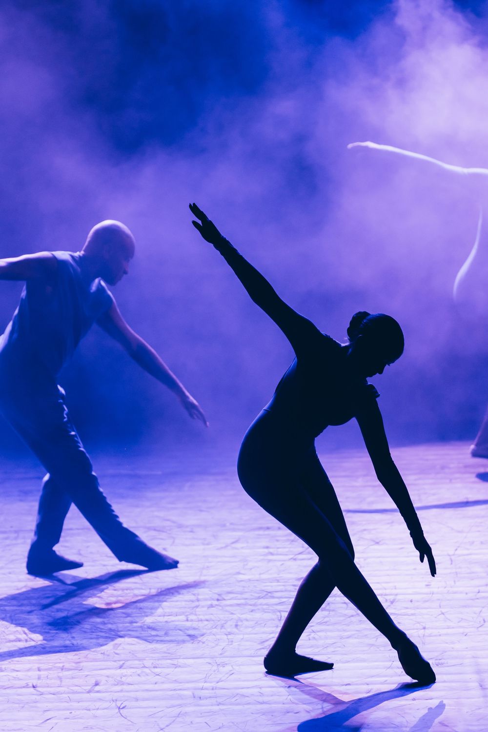 Silhouetted dancers perform on stage in dramatic purple lighting creating an ethereal artistic atmosphere.