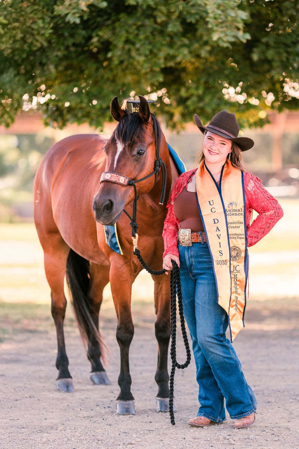 A bay horse poses with someone in western attire and rodeo sash on a dirt path.