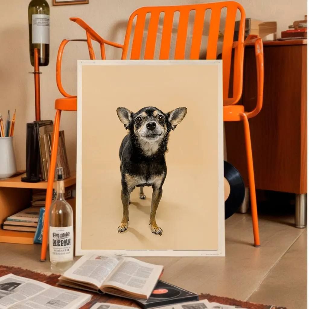 A black and tan Chihuahua dog stands in front of a beige canvas print with an orange chair and wine bottle in background.