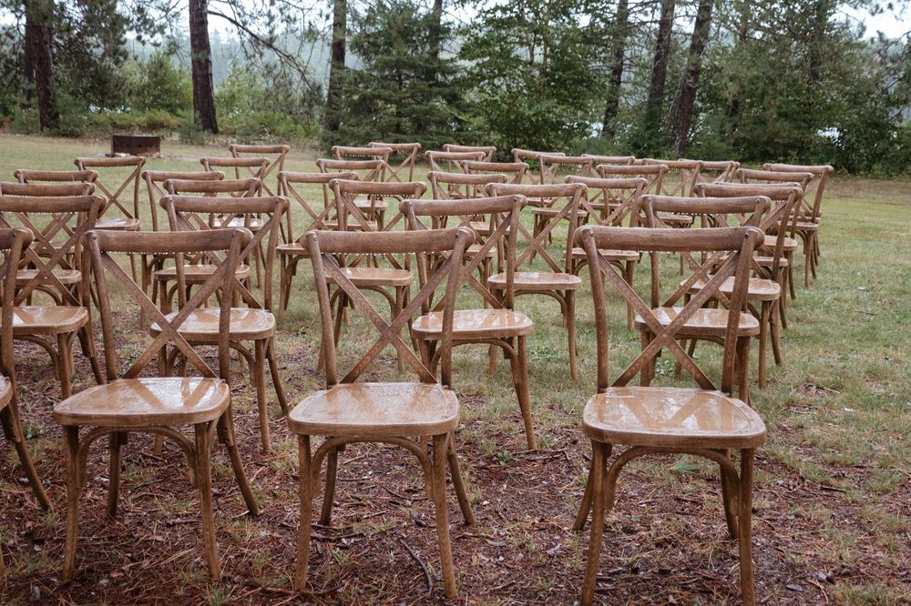 Empty wooden crossback chairs arranged in rows among pine trees for an outdoor ceremony.