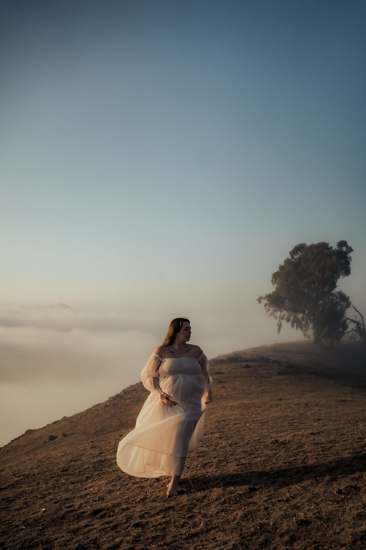 Ethereal landscape photo of a figure in flowing white dress standing on misty hillside at dawn beside a lone tree.