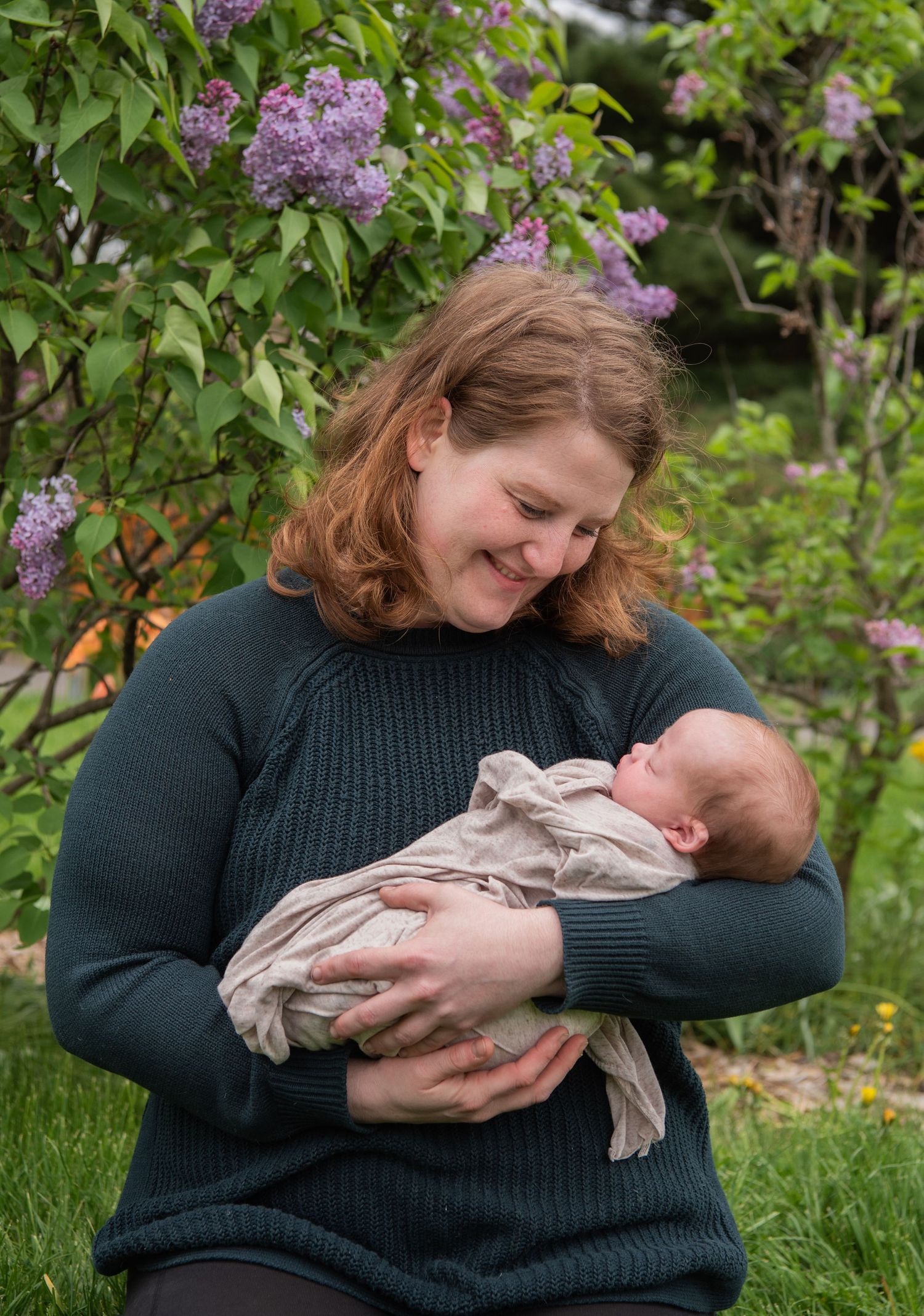 A tender moment in a spring garden with blooming lilacs as a baby is cradled in someone's arms wearing a navy sweater.