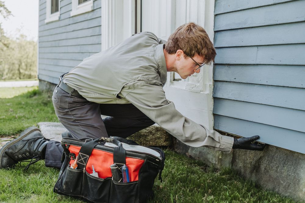 A Modern Pest Control Tech in a light jacket inspects near the foundation while kneeling next to their tool bag.