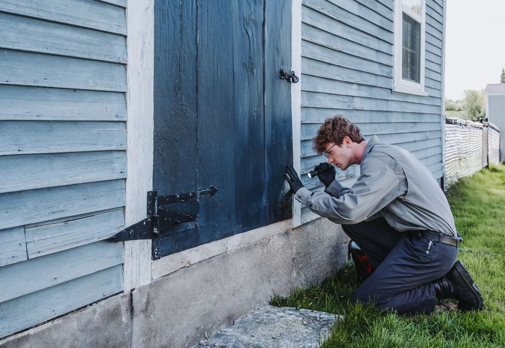 A Modern Pest Control Tech is kneeling down while peering through a crack at the base of a blue wooden building.