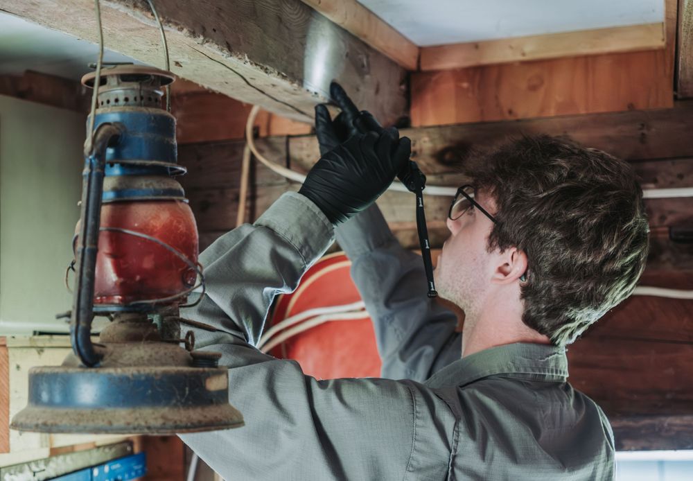 A Modern Pest Control tech who is wearing gloves inspects an antique lantern hanging from a wooden beam in a rustic interior.