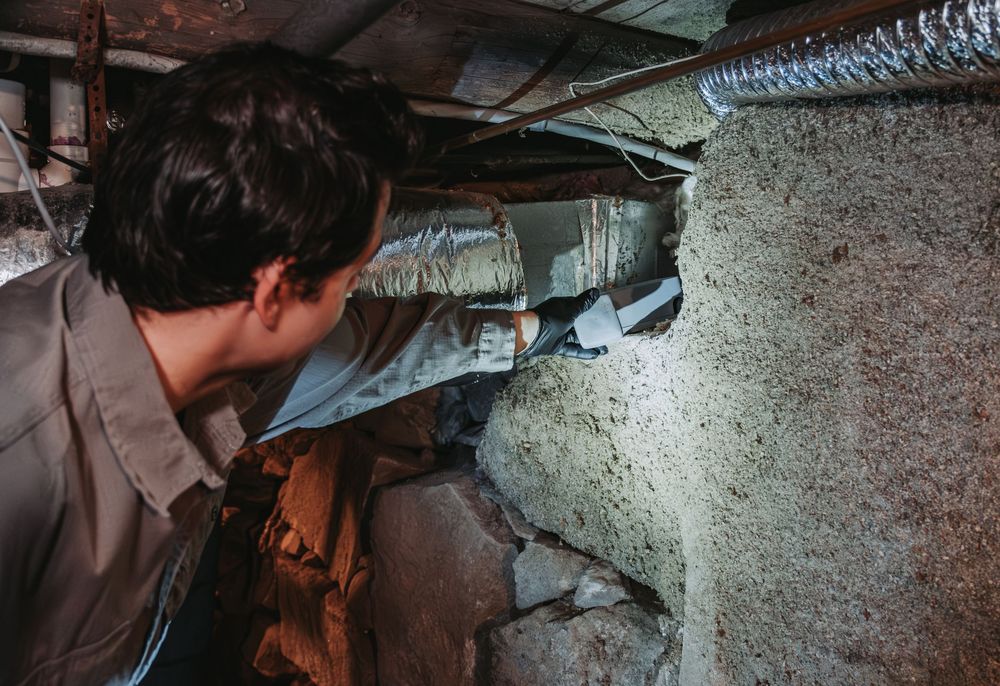 A Modern Pest Control Tech inspects ductwork and pipes in dark basement area while doing pest control prevention.