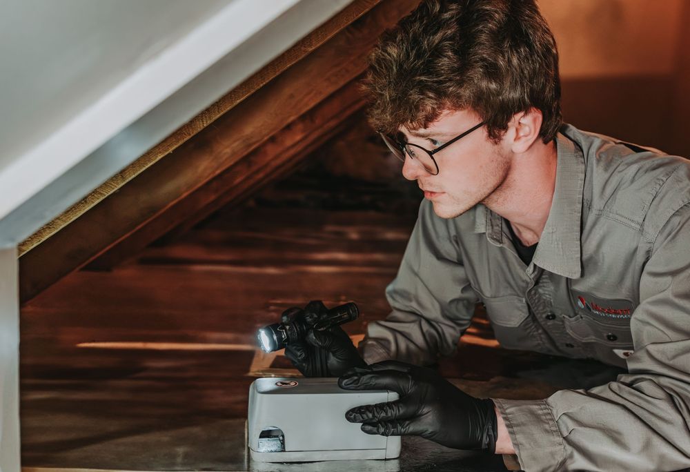 A Modern Pest Control technician in gray workwear inspects equipment in attic or crawl space with flashlight for trap placement.