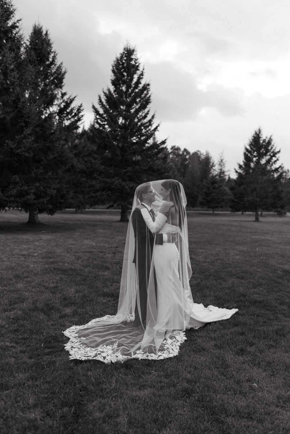 A dramatic black and white wedding photo shows a long lace veil flowing over a bridal gown in a field with evergreen trees.