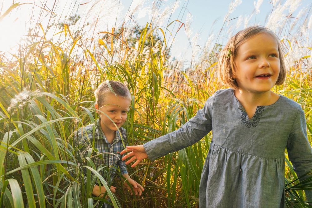 Children playing together in a field of tall grass during golden hour.