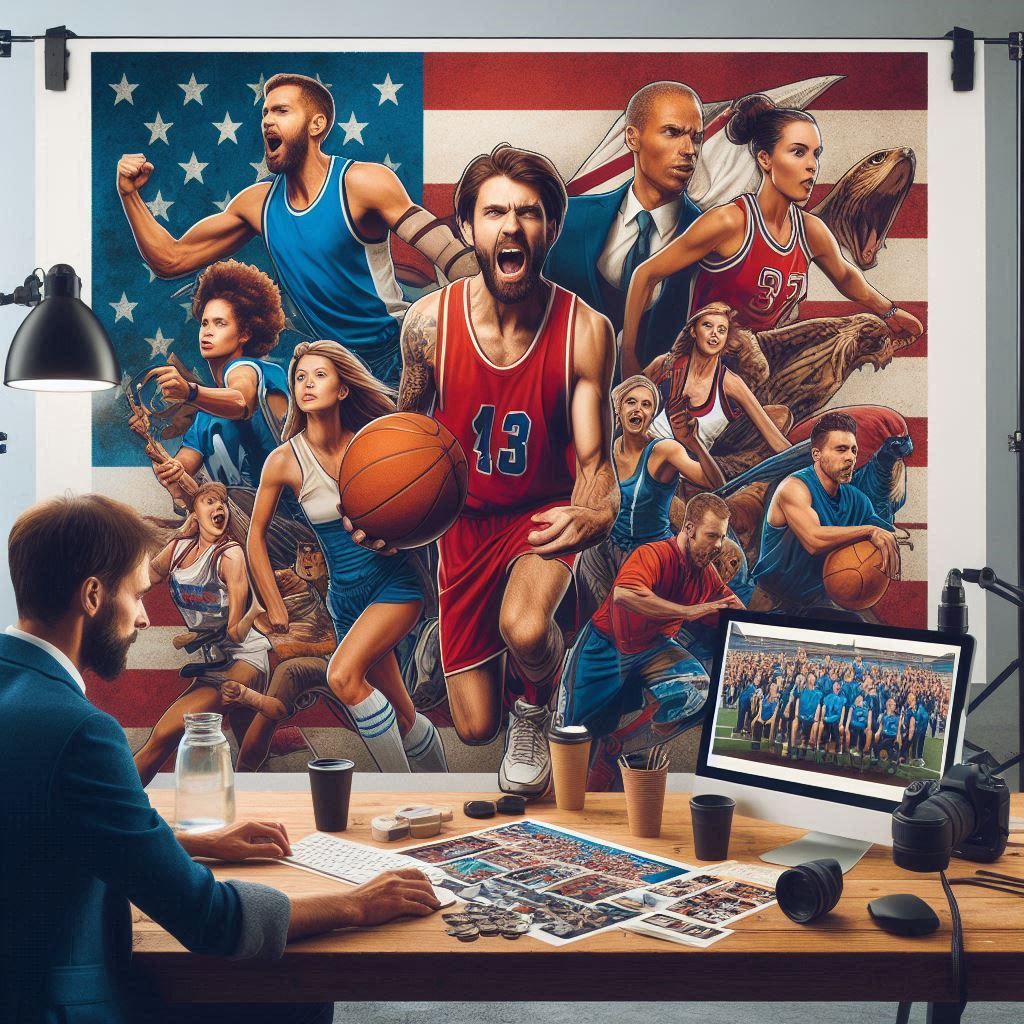 Digital artist working at desk with large American-themed basketball mural featuring dynamic players against US flag backdrop.