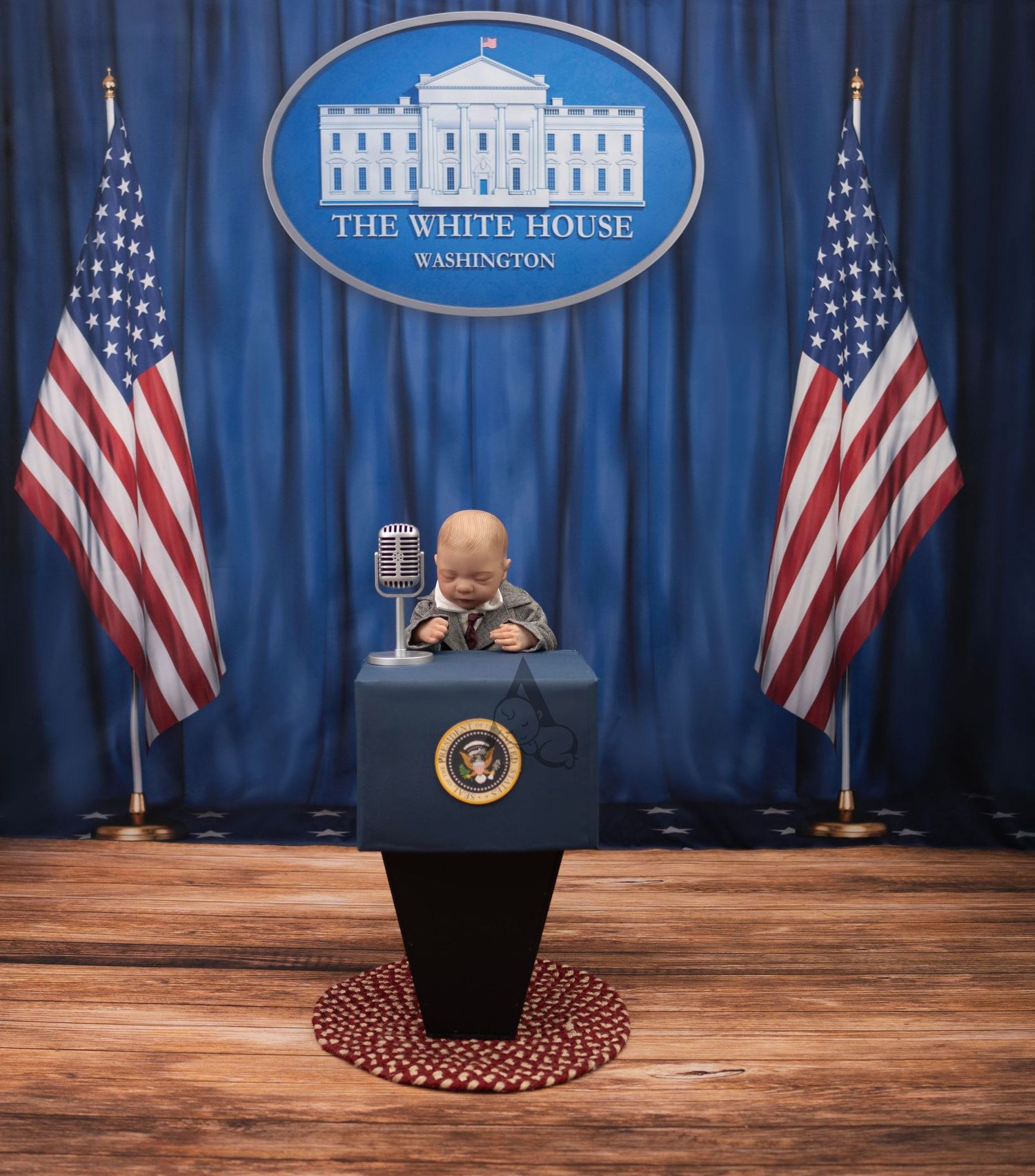 A small figure positioned at a miniature White House podium between two American flags on a wooden stage.