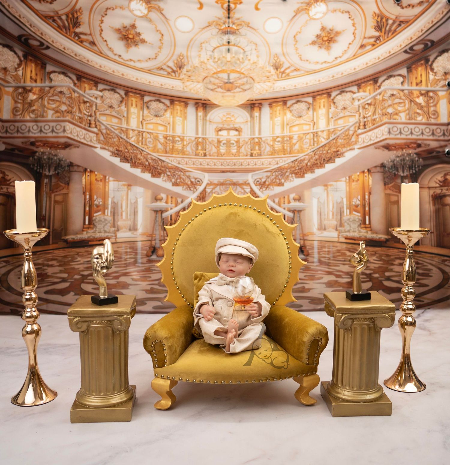 Ornate baroque ballroom interior with golden throne chair and decorative candlesticks.