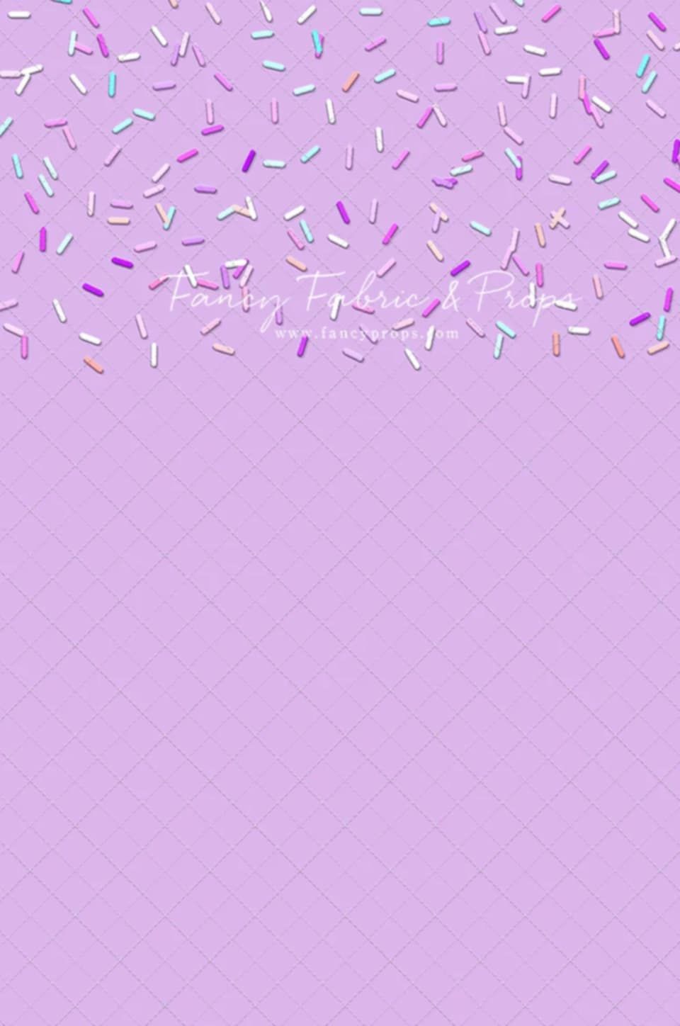 Abstract scattered confetti shapes and sprinkles in pastel pink, purple and white on a soft lilac background.