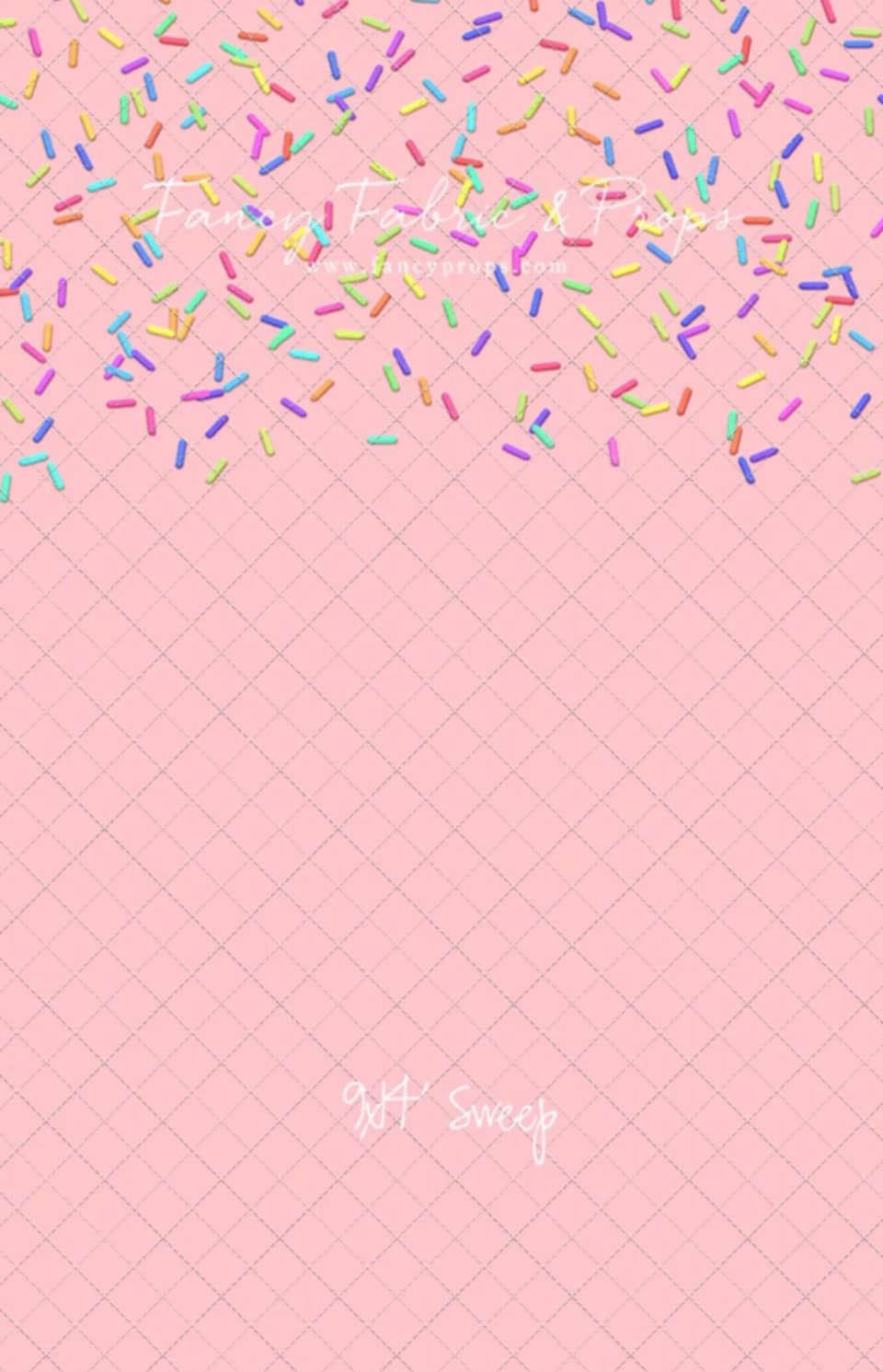 Colorful confetti sprinkles falling on a soft pink waffle or grid textured background with 'soft sweep' text.