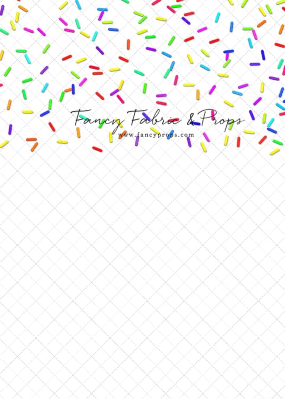 Colorful confetti sprinkles falling from the top against a white background with grid pattern.
