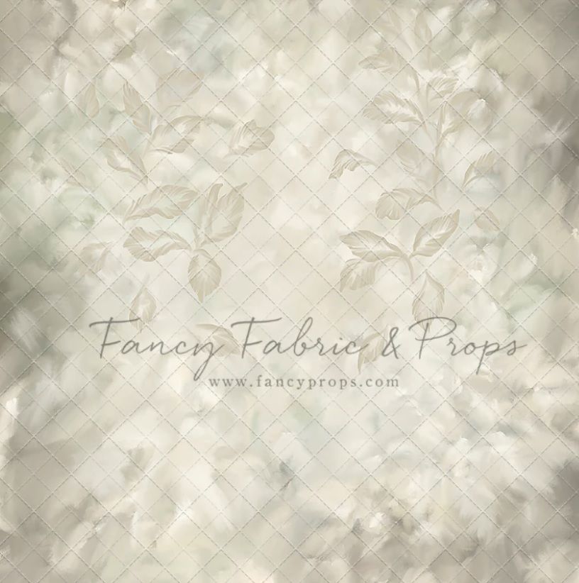 Soft beige floral pattern backdrop with delicate leaf designs and watermark text overlay in vintage style.