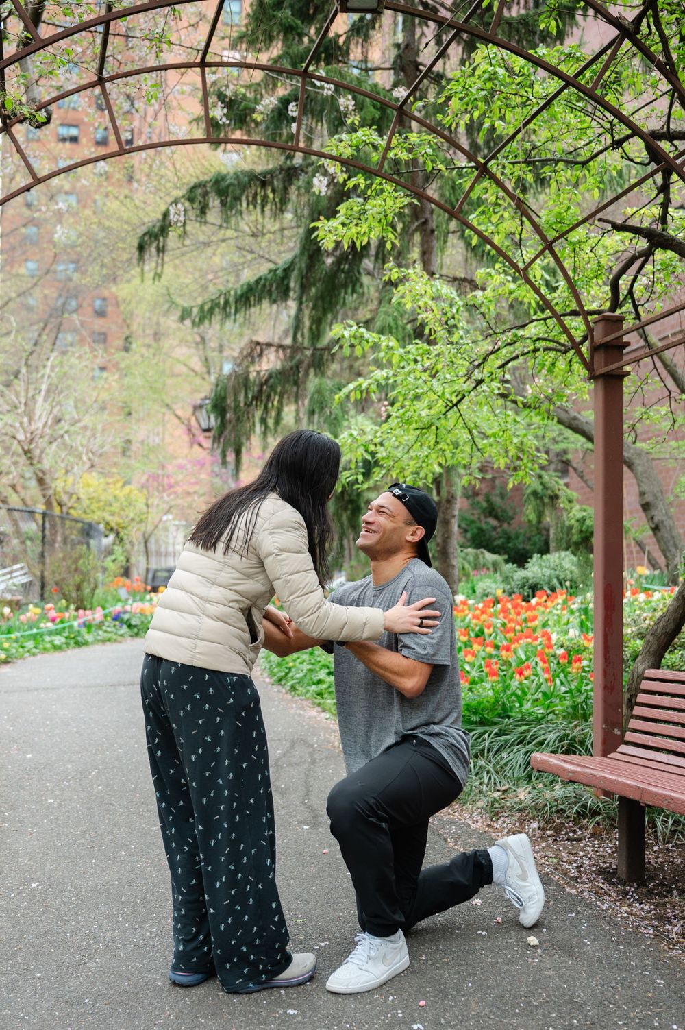 A proposal scene in a garden path with colorful tulips and spring foliage in the background at the Westside Community Garden on the UWS